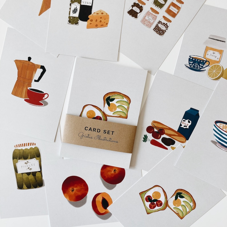 10 Food postcards, 10 card set with minimal illustrations, avocado toast, coffee, peaches and more image 6