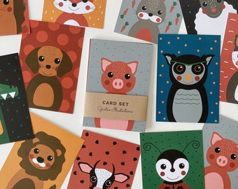 12 Animal postcards, 12 card set with colourful animal illustrations