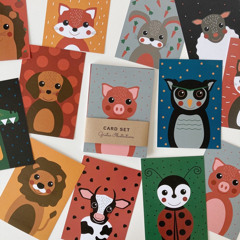 12 Animal postcards, 12 card set with colourful animal illustrations image 1