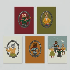 5 Christmas postcards, 5 card set with animals, simple and modern illustrations with bear, fox and bunny image 1