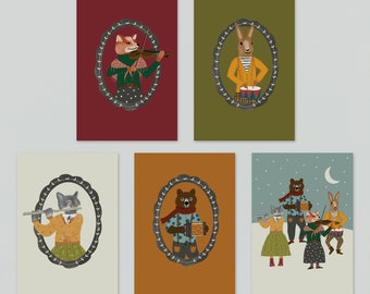 5 Christmas postcards, 5 card set with animals, simple and modern illustrations with bear, fox and bunny
