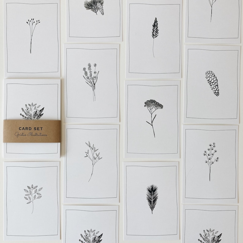 12 Floral postcards, 12 card set with minimal botanical illustrations image 2