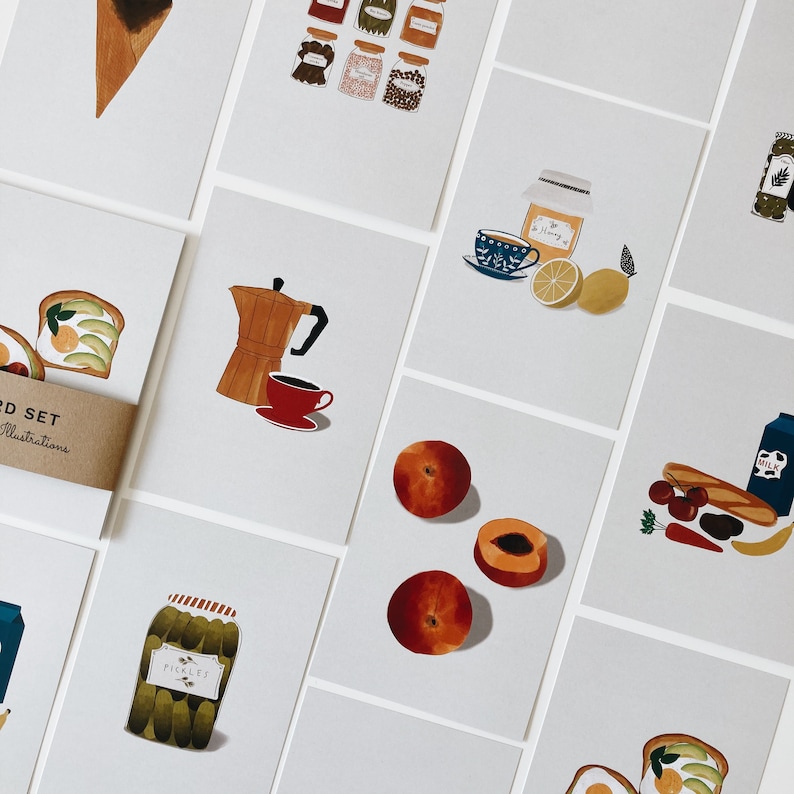 10 Food postcards, 10 card set with minimal illustrations, avocado toast, coffee, peaches and more image 4