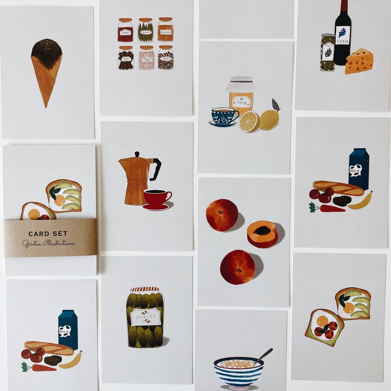 10 Food postcards, 10 card set with minimal illustrations, avocado toast, coffee, peaches and more image 1