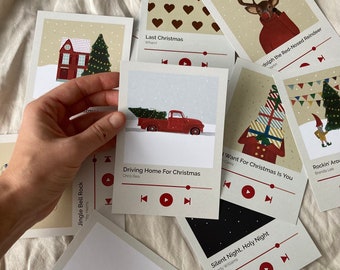 10 Christmas Music postcards, 10 card set with Christmas songs and illustrations. Christmas card and gift.