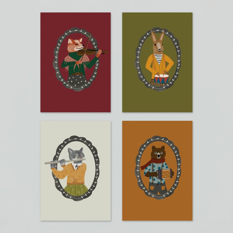 5 Christmas postcards, 5 card set with animals, simple and modern illustrations with bear, fox and bunny image 7