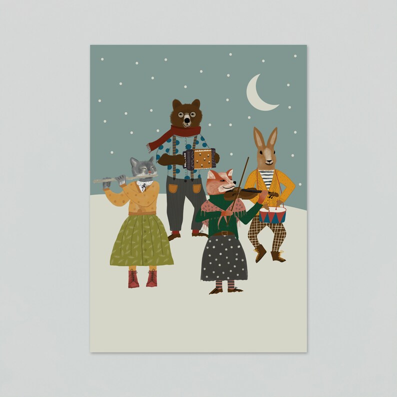 5 Christmas postcards, 5 card set with animals, simple and modern illustrations with bear, fox and bunny image 2