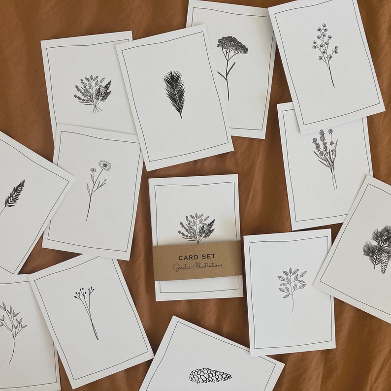 12 Floral postcards, 12 card set with minimal botanical illustrations image 3