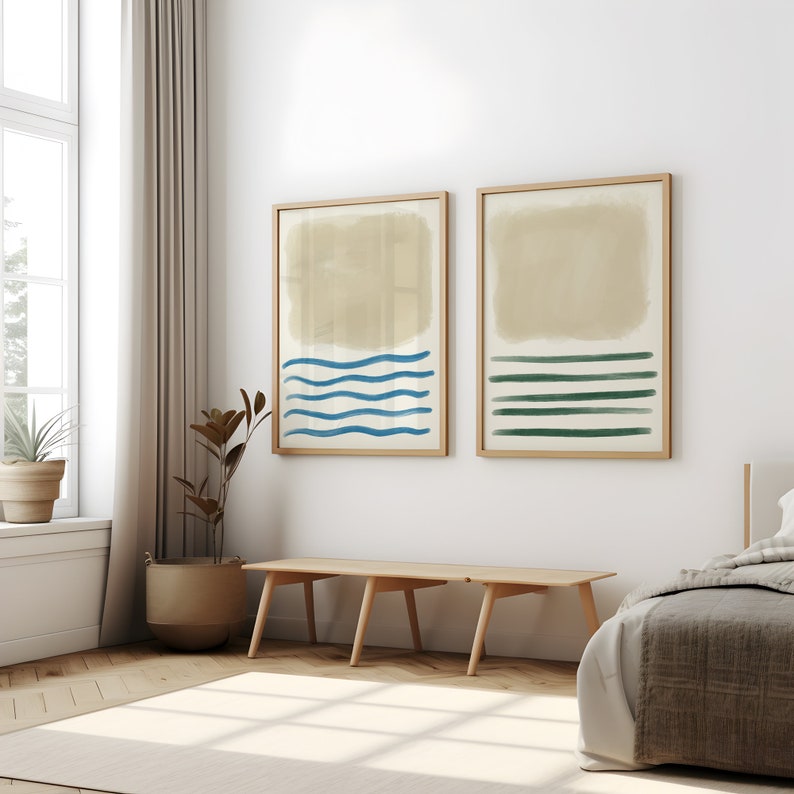 Set of 2 Minimalist Light Beige Line Art Print, Landscape minimal print Abstract, Neutral aesthetic, Sea Wall Prints poster
