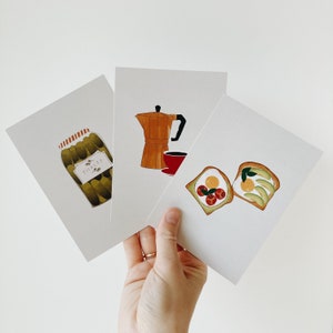 10 Food postcards, 10 card set with minimal illustrations, avocado toast, coffee, peaches and more image 2