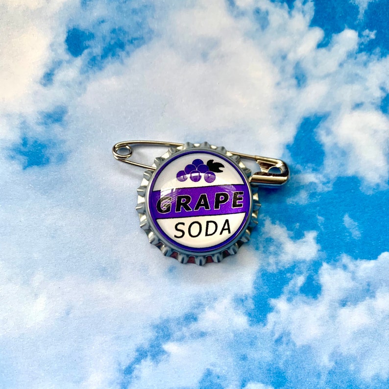 Grape soda badge Up badge Silver or White colours metal