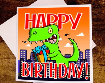 Carte d'anniversaire amusante - Anniversaire de dinosaure - Carte de voeux de dinosaure - Carte 3D carrée