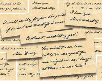 Citations de Jane Austen, mots et phrases de journal, orgueil et préjugés, téléchargement numérique imprimable, feuille de collage, documents éphémères imprimables