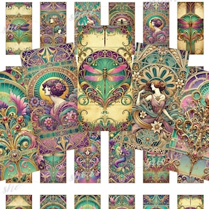 Art nouveau 1 x 2 inch afdrukbare dominocabochonafbeeldingen - digitale download, libel, zeemeermin, sierlijk ontwerp