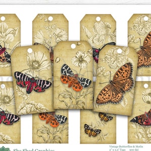 Vintage Butterfly Moth Gift Tags: Printable Collage Sheet (Digital Download)