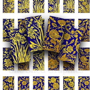 Gold Flowers on Blue, 1&quot; x 2&quot; Domino, Printable Digital Download, Collage Sheet, Graphic Images