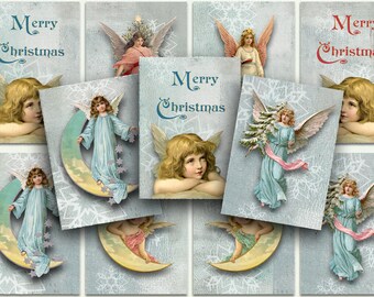 Christmas Frost Angels Blue, 2.5" x 3.5" ATC size Printable Digital Download