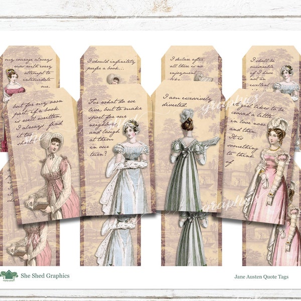 JANE AUSTEN Quotes, Printable Gift Tags, 2" x 3.5", Pride & Prejudice, Junk journal Images, instant download