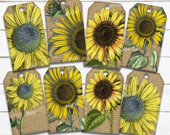 Tournesol vintage, étiquettes-cadeaux imprimables de 2 "x 3,5", images d'automne d'automne, téléchargement numérique, feuille de collage, feuille de collage numérique imprimable