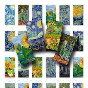 May include: A set of 12 digital printable images featuring famous paintings by Vincent van Gogh. The images include sunflowers, starry nights, and irises. The images are 1 inch by 2 inches and are perfect for crafting projects.