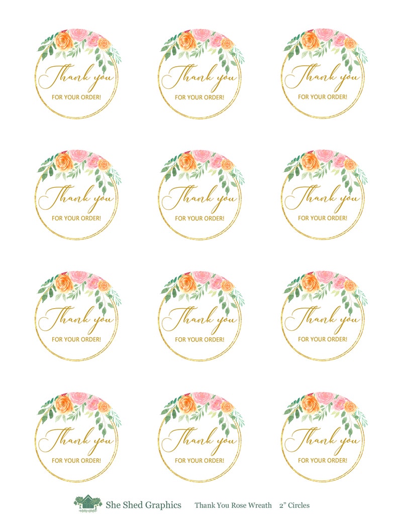 Thank You Sticker Image, 2 Inch Circle, Roses Gold Wreath, Printable ...