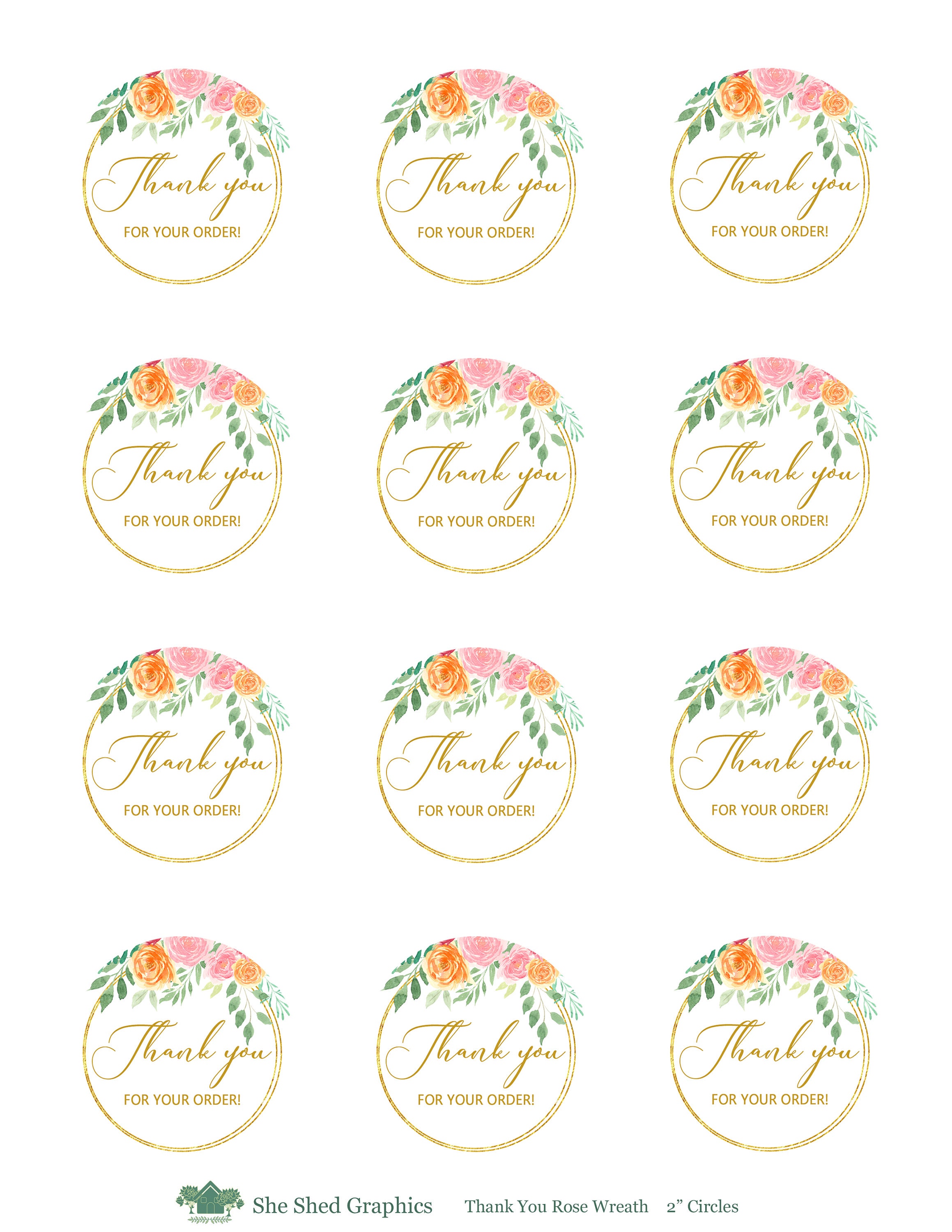 Thank You Sticker Image, 2 Inch Circle, Roses Gold Wreath, Printable ...