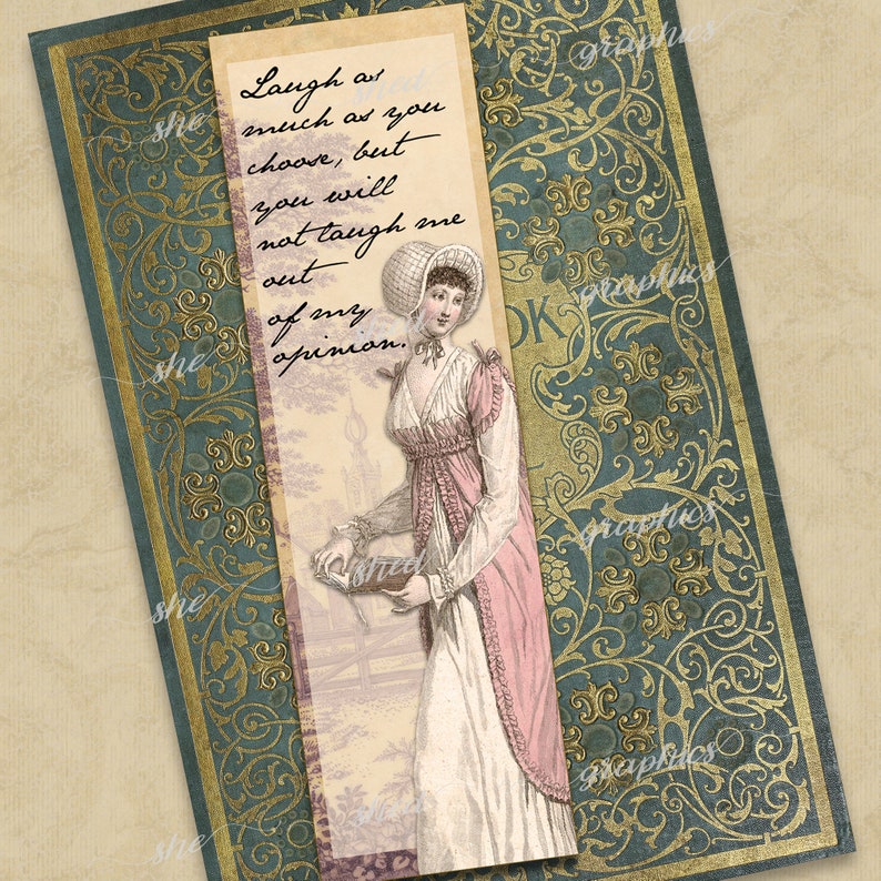 K&ouml;nnte beinhalten: Ein Vintage-Lesezeichen mit einer Frau in einem rosa Kleid, die ein Buch h&auml;lt. Das Lesezeichen enth&auml;lt ein Zitat, das lautet: "Lache so viel du willst, aber du wirst mich nicht aus meiner Meinung lachen."