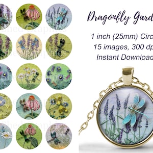 Dragonfly Garden 1 inch Circle, Digital Collage Sheets, dragonflies and wildflowers for glass jewelry pendants, badge reel image, Printable