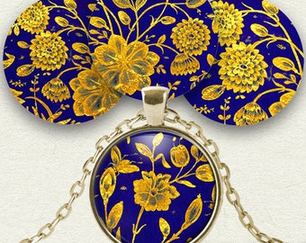 Fleurs d'or sur les cercles bleus, 1 pouce (25mm) Images numériques imprimables de cercle pour les bijoux de lunette de dôme en verre, image de cabochon, feuille de collage