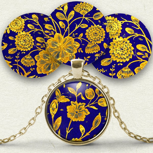 Gold Flowers on Blue Circles, 1 inch (25mm) Circle Printable Digital Images for glass dome bezel jewelry, cabochon image, collage sheet