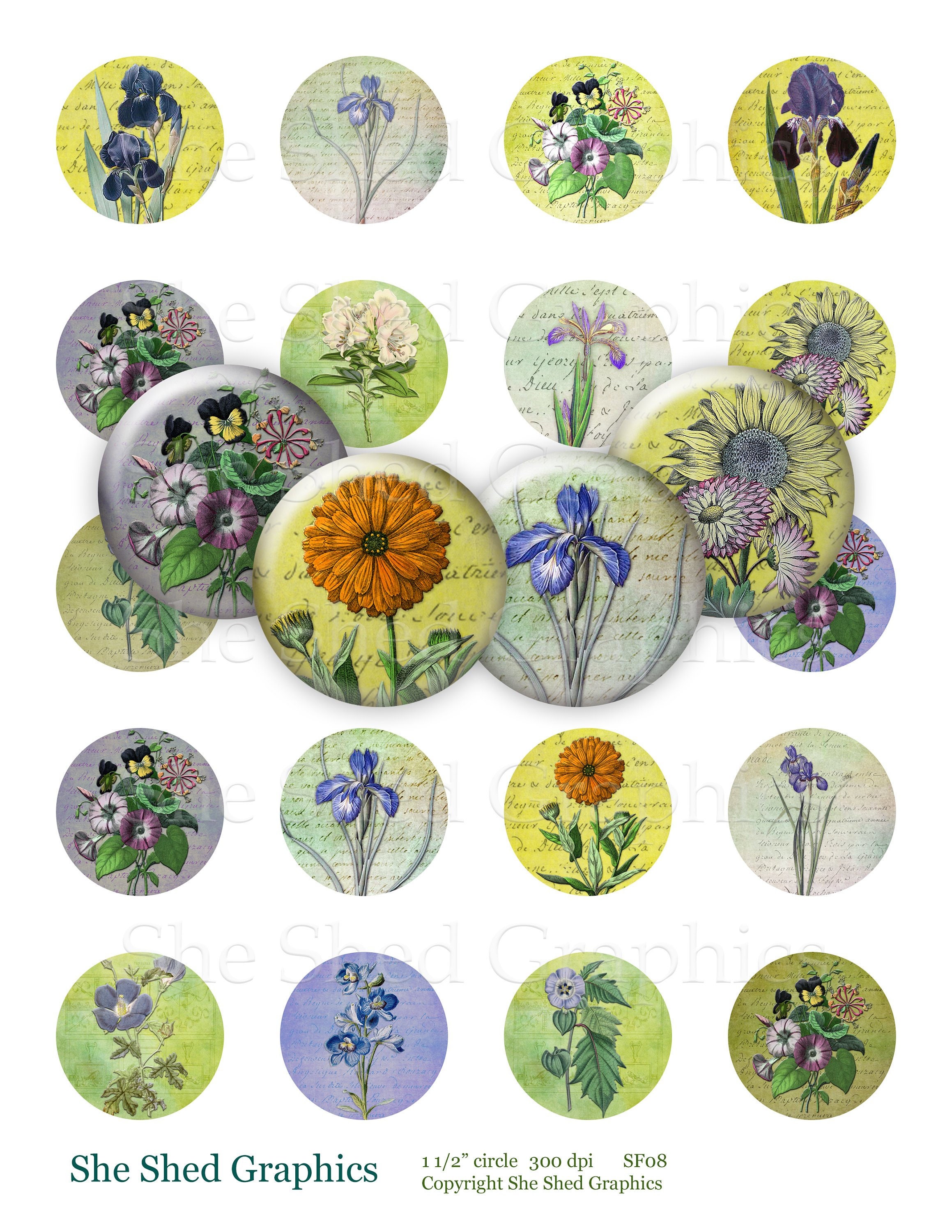 1.5 Round Cabochon, Printable Circle Image, Spring Flowers French ...