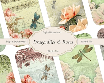 Dragonfly & Rose Collage Sheet: Vintage Botanical Prints (Digital Download, PDF/JPG, 8.5x11")
