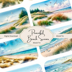Escenas de playa tranquilas, inserto de lata de Altoid, imprimible digital, hoja de collage descargable, decoupage de lata de caramelos