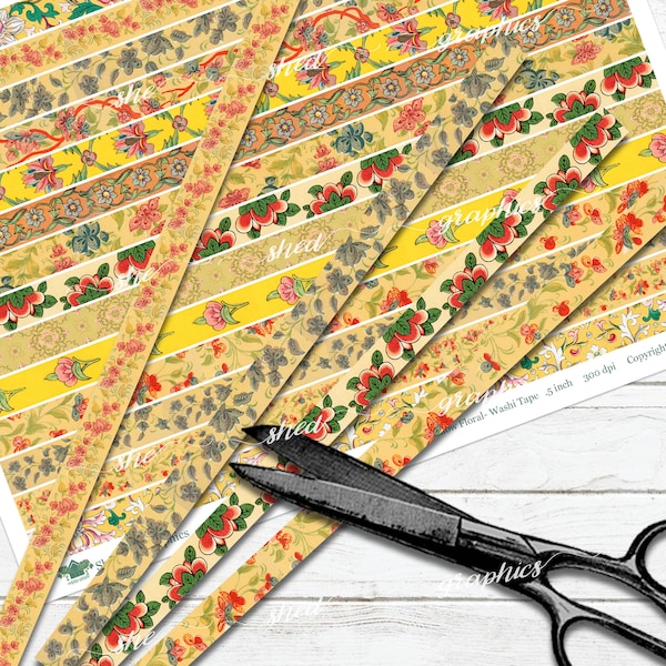 Yellow Vintage Floral - Printable Washi Tape, Planner label, Journal Borders, digital download, 1/2 inch