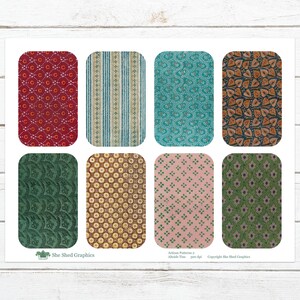 May include: A sheet of paper featuring eight rectangular designs with rounded corners, each showcasing a unique pattern. The patterns include floral, striped, and geometric designs in various colors like red, teal, and green. The text "She Shed Graphics" is visible.