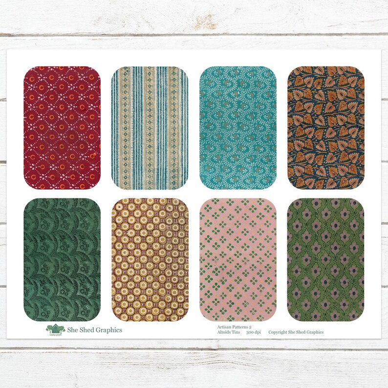 May include: A sheet of paper featuring eight rectangular designs with rounded corners, each showcasing a unique pattern. The patterns include floral, striped, and geometric designs in various colors like red, teal, and green. The text "She Shed Graphics" is visible.