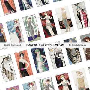 May include: A digital download of 16 vintage fashion illustrations from the Roaring Twenties. The illustrations are in a domino shape, measuring 1 x 2 inches. The illustrations feature women in various styles of clothing, including flapper dresses, long gowns, and hats.