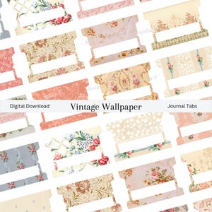 Può includere: Un set di 16 schede di diario stampabili con motivi di carta da parati vintage. Le schede sono in vari colori e motivi, tra cui motivi floreali, paisley e geometrici. Il testo "Vintage Wallpaper" e "Journal Tabs" è incluso nell'immagine.