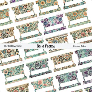 May include: A set of 16 printable journal tabs featuring a boho floral design with a variety of colors, including teal, purple, pink, and gold. The tabs are designed to be used for organizing journals, planners, or notebooks. The text "Digital Download" and "Boho Floral" are included in the image.