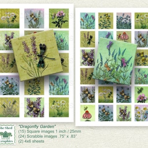 Dragonfly Garden, 1in 25mm Square, Scrabble Tile, 4x6 Digital Collage Sheets, Printable for glass bezel cabochon jewelry bezel
