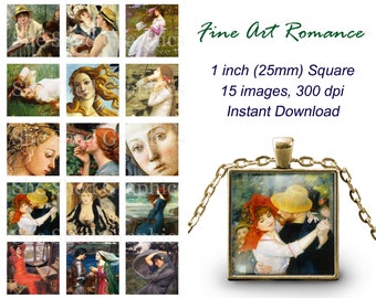 1 Inch Square, FINE ART ROMANCE, Printable Digital Images for glass or resin pendants magnets bezels photo trays, Monet, Waterhouse