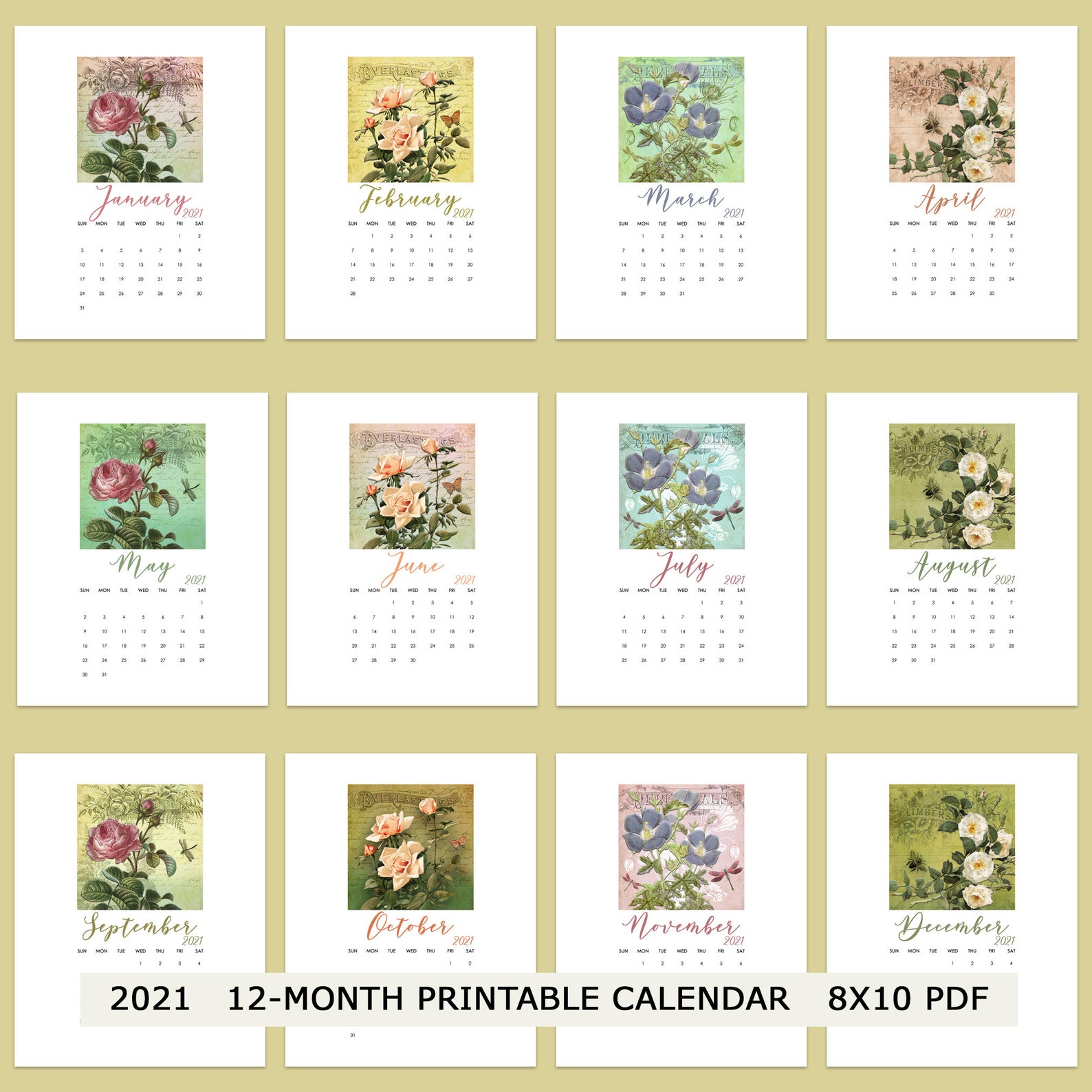 2021 Calendar Printable 8x10 Desk Calendar 12 Month | Etsy