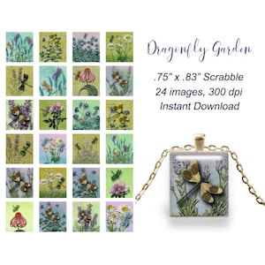 Dragonfly Garden Scrabble digital images .75 inch x .83 inch, printable digital collage sheet for glass bezel jewelry