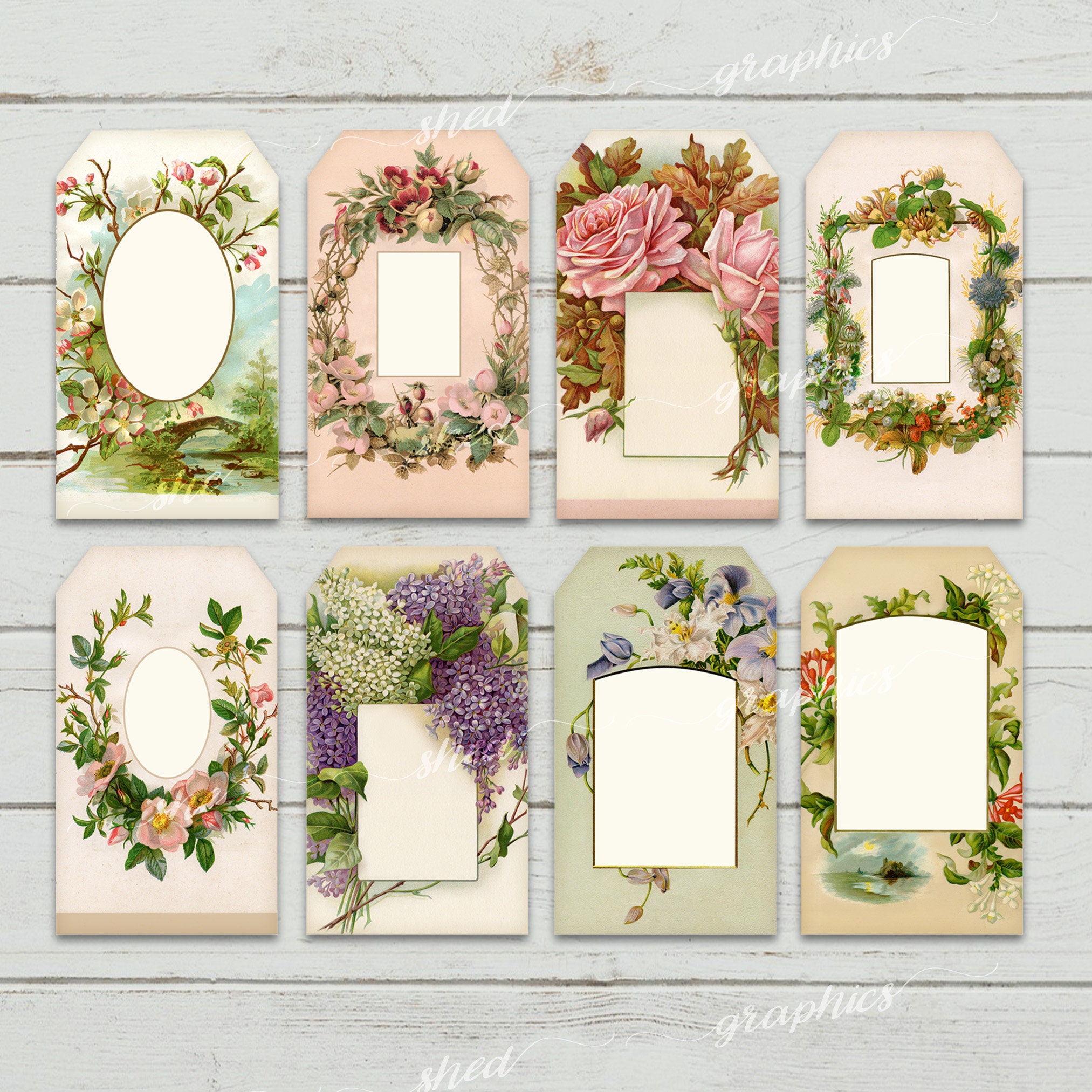 Vintage Album, Printable Gift Tags, 2 X 3.5, Flower Images, Printable