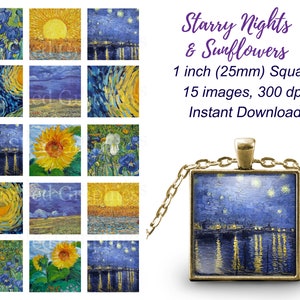 Starry Nights and Sunflowers, 1&quot; square digital images for glass bezel jewelry, Digital Collage Sheet, Van Gogh inchies, Printable