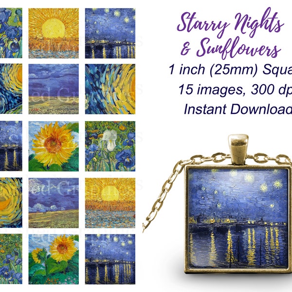 Starry Nights and Sunflowers, 1" square digital images for glass bezel jewelry, Digital Collage Sheet, Van Gogh inchies, Printable