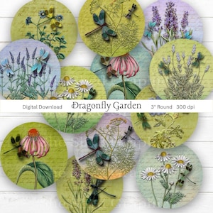 3 inch circle, DRAGONFLY GARDEN, Printable Digital Download, Collage Sheet Graphic Images, pocket mirror, paper weight, magnet, car coaster
