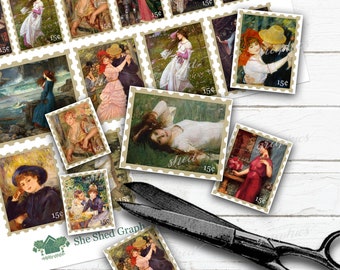 Faux timbres-poste, Fine Art Romance, Imprimable, Téléchargement numérique, Images de Junk Journal, feuille de collage, timbres coupés difficiles, Renoir, Waterhouse