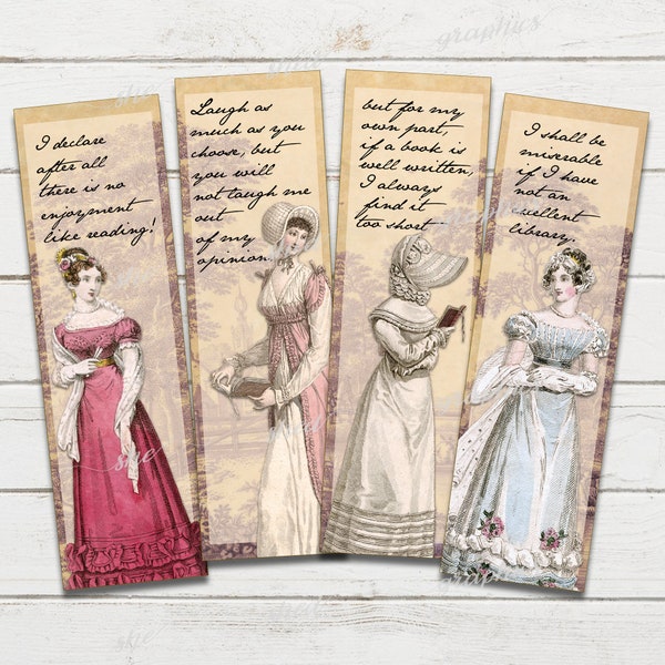 Jane Austen Quotes Bookmarks, Set of 4, Printable Digital Download, Print your Own