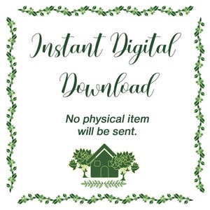 K&ouml;nnte beinhalten: Gr&uuml;ner Blatt-Rand mit dem Text "Sofortiger digitaler Download" und "Kein physischer Artikel wird versandt." Unter dem Text befindet sich ein gr&uuml;nes Haus mit zwei gr&uuml;nen B&auml;umen.